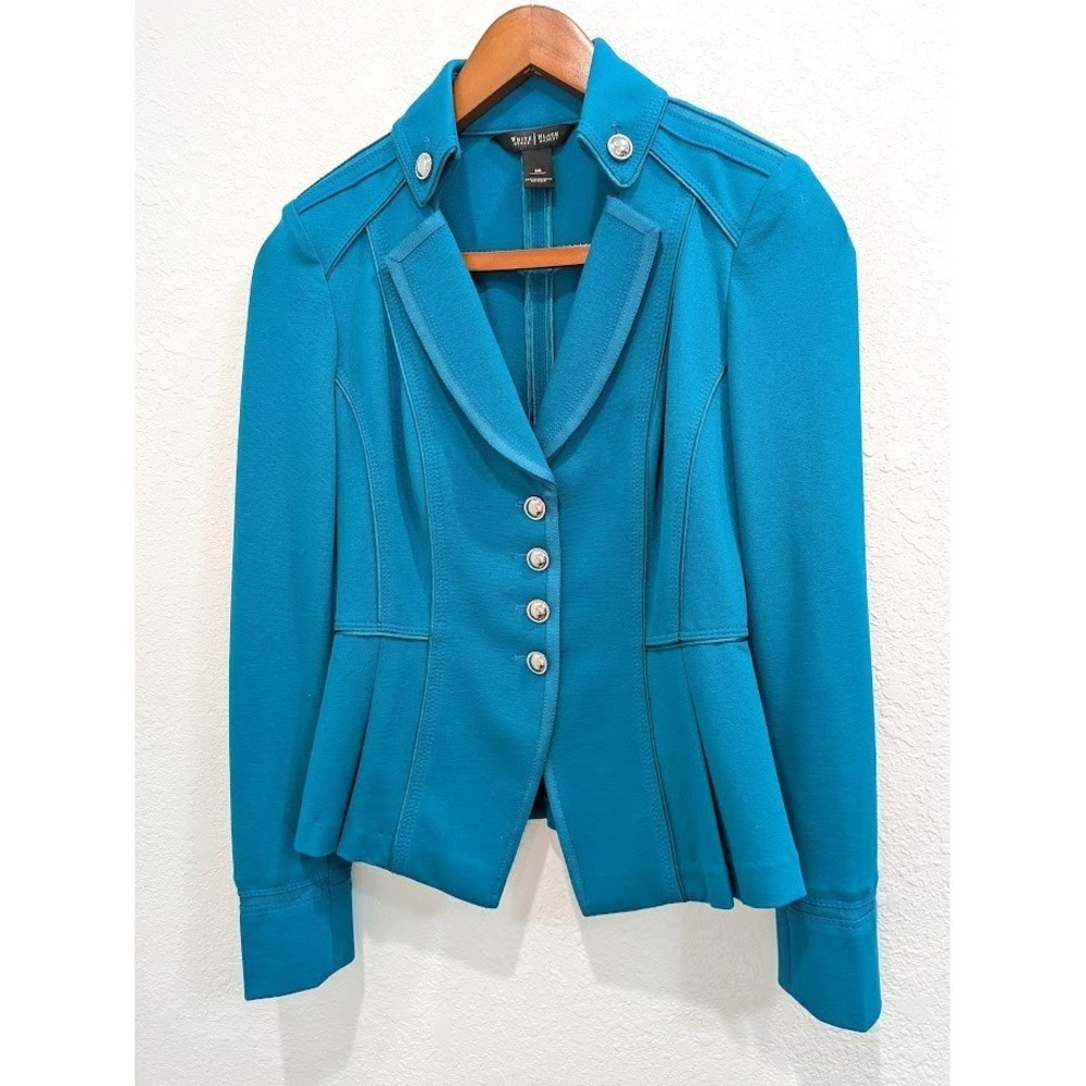 WHBM Jacket Womens‎ Size 00 Teal Military Steampunk Ponte Long Sleeve Blazer